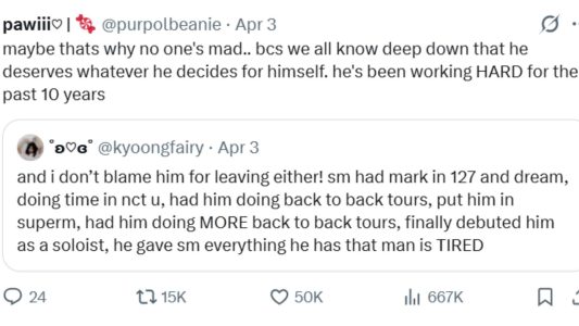 Respon penggemar dalam menanggapi keputusan Mark and Ten. Sumber: X/@purpolbeanie.